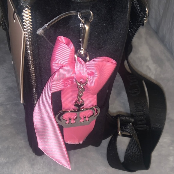 NEW- Juicy Couture Black Velvet Backpack with Pink Bow & Crown Charm - Picture 9 of 12